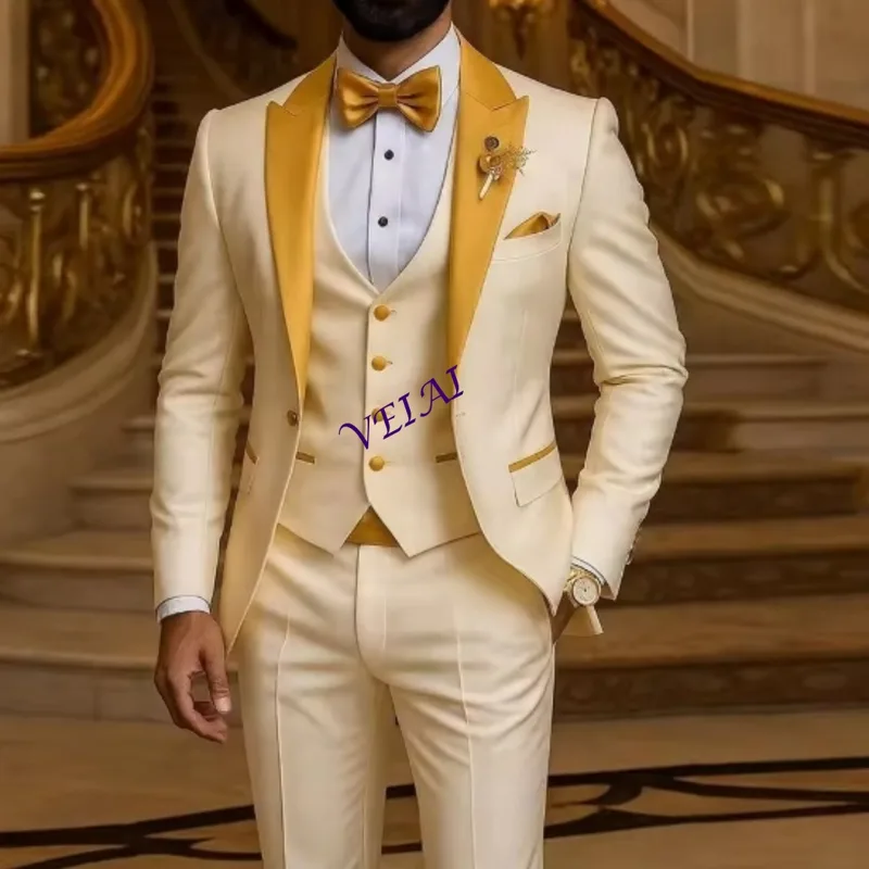 Mens Grooming Tools - CustomizedGold Collar Ivory Men Suit Wedding