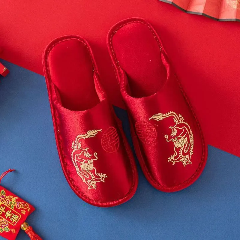 Men Grooming Home - Men Silk Baotou Red Wedding Slippers